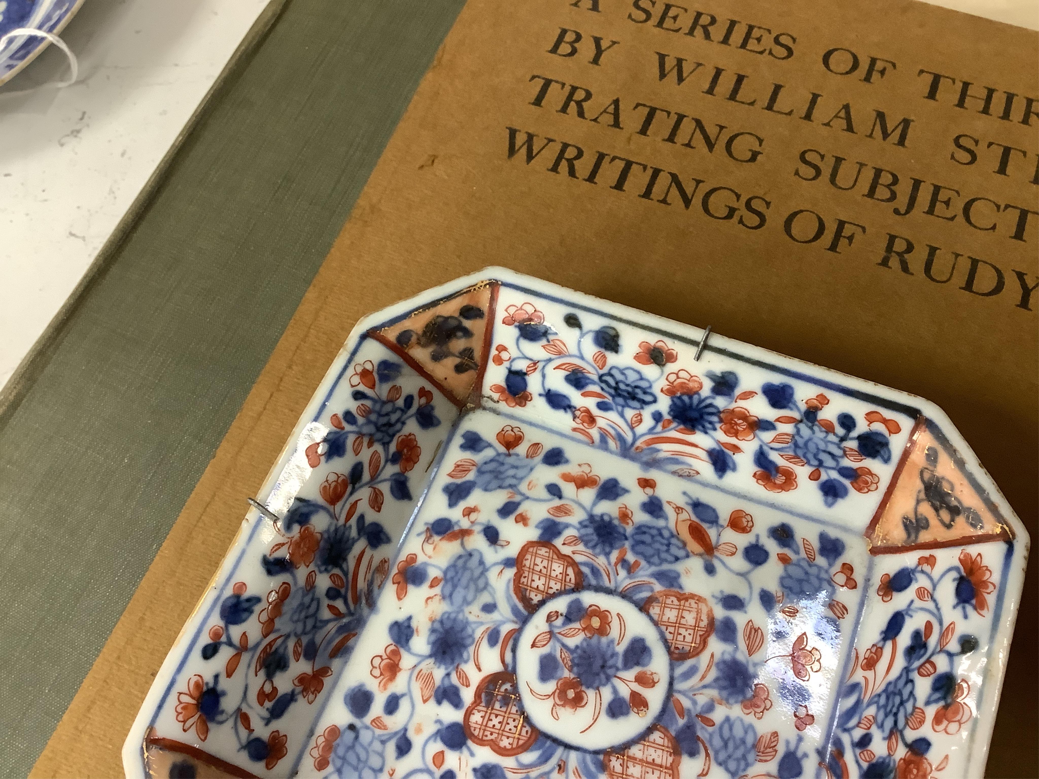 A Chinese blue and white teapot and cover, a prunus dish and an Imari patterned dish, all 18th century, teapot 19cm high. Condition - prunus dish and teapot cover chipped